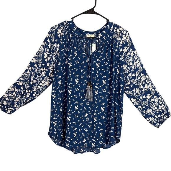 Mason & Belle Stitch Fix  Blue Floral Pullover Rayon Blouse Tassels Size S NWT - Picture 1 of 10